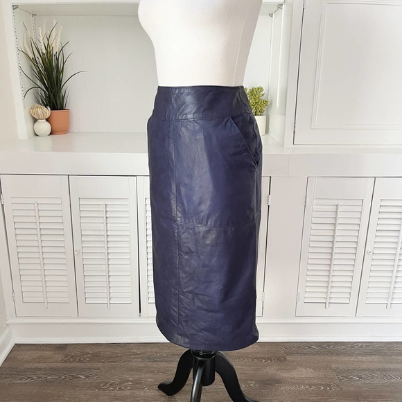 Vintage Gino di Giorgio Navy Blue Patchwork Leather Midi Skirt Size S - Picture 2 of 7